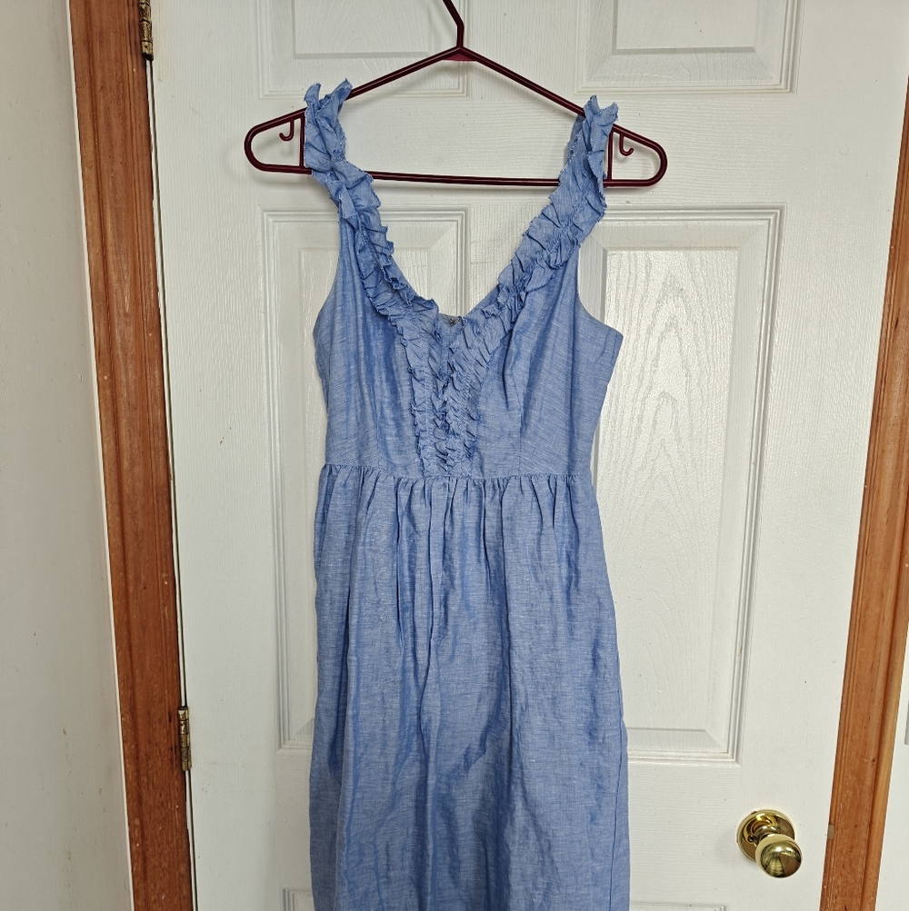 Banana Republic Blue Ruffled Sleeveless Dress Cotton Linen Blend, Size 0